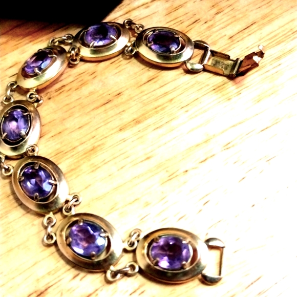 BINDER BROTHERS GOLD FILLED DESIGNER AMETHYST  BRACELET, 1940'S, 7 INCH. SIGNED - Picture 5 of 8